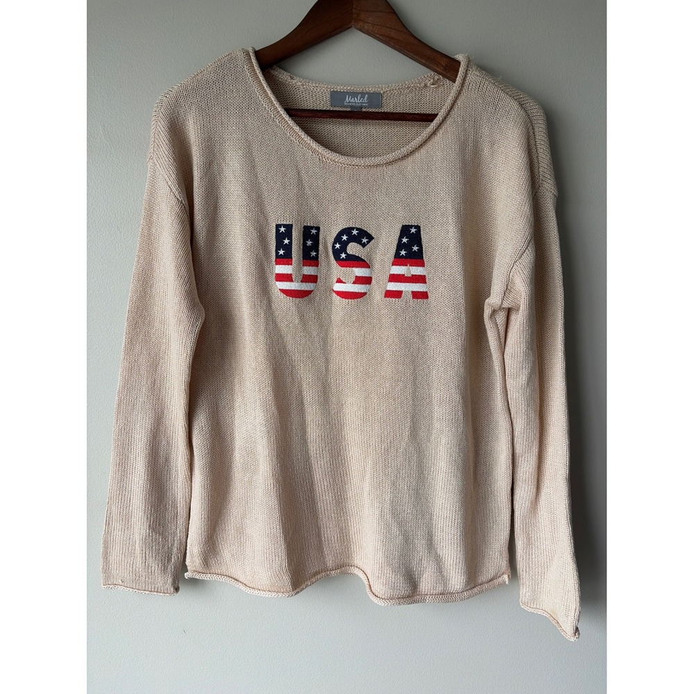 Marled Reunited Clothing USA Knit‎ Sweater Beige Womens Small Americana Stars